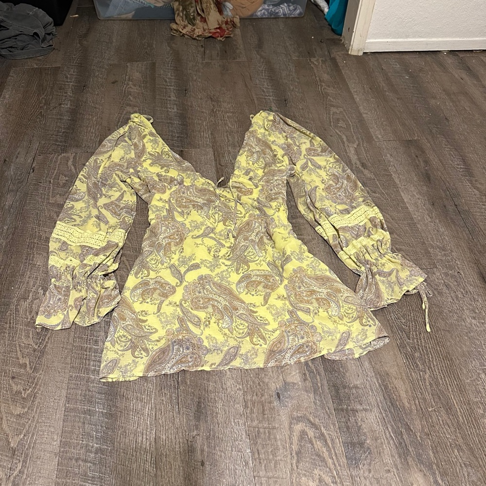 Urban Outfitters Yellow Gray Wrap Ruffled Blouse